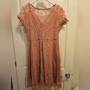 Torrid, pink mini lace button front lace dress, 1X